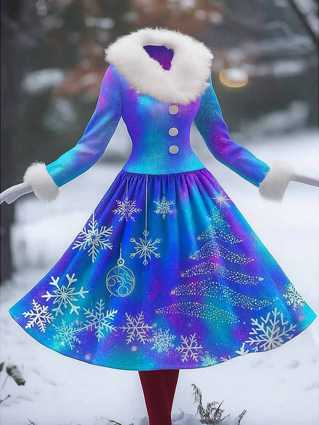 Snowflake Art Printed Vintage Elegant Furry Fur Collar Long Sleeve Midi Dress