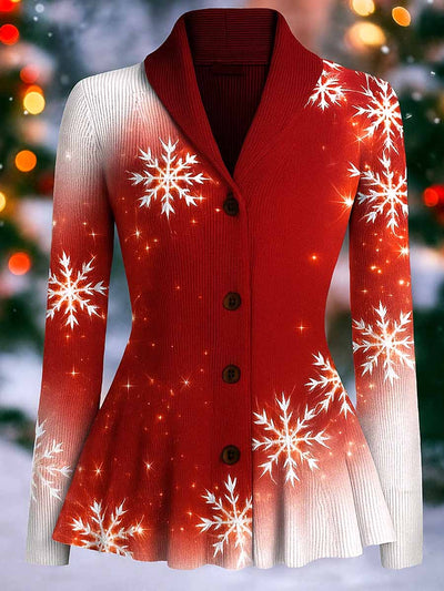 Christmas Floral Art Printed Vintage Lapel V-Neck Long-Sleeved Button-up Cardigan Top