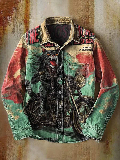 Retro Funny Cat Motor Art Abstract Printed Cotton Vintage Casual Cotton Long Sleeve Shirt