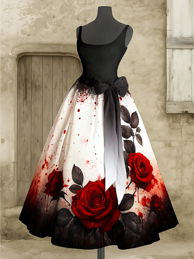 Retro Gothic Floral Art Print V-Neck Sleeveless Cotton Maxi Dress