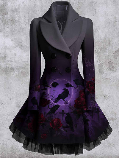 Gothic Floral Print Vintage Elegant Lapel V-Neck Button Up Long Sleeve Coat Dress