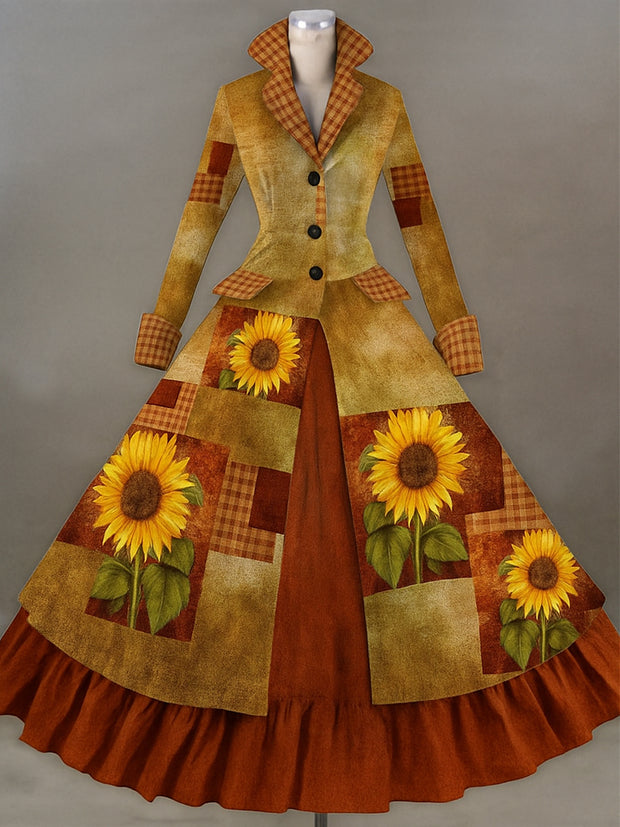 Retro Floral Art Printed Vintage Lapel V-Neck Button Up Double Hem Long-Sleeved Midi Dress