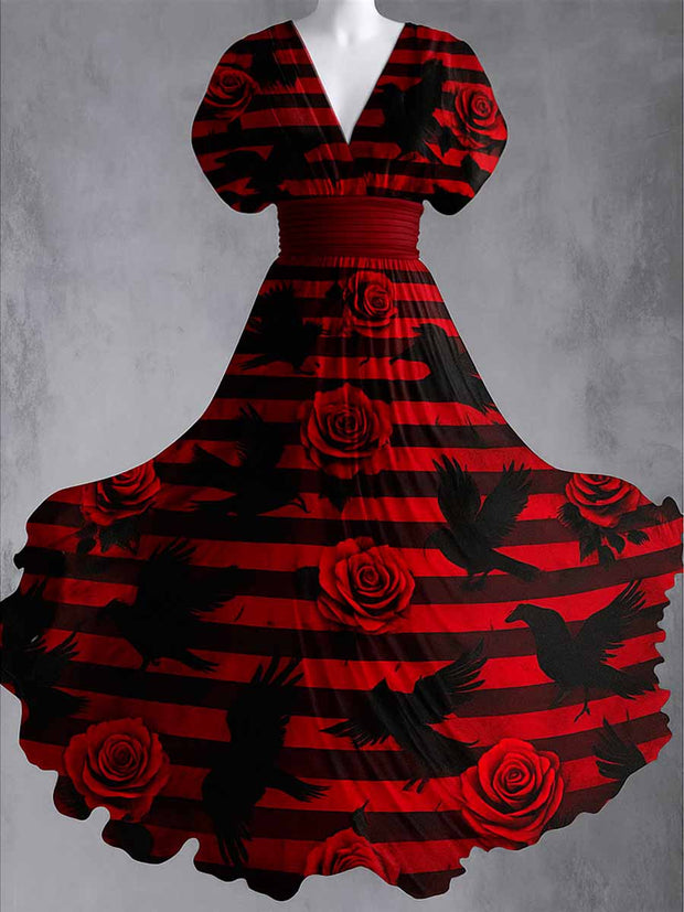 Gothic Crow Art Print V-Neck Vintage Elegant Short Sleeve Maxi Dress
