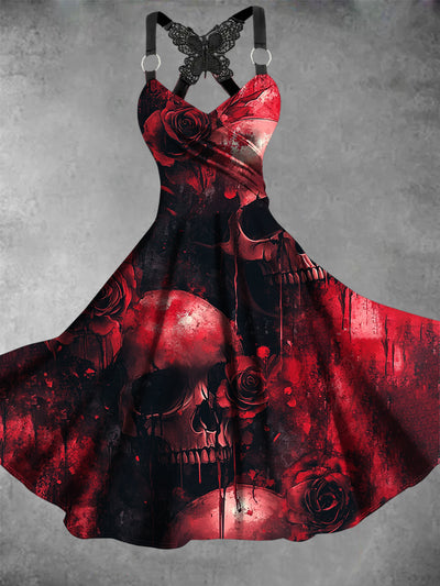 Retro Halloween Gothic Floral Art Printed Vintage V-Neck Pleated Butterfly Cross-Wrap Midi Dress