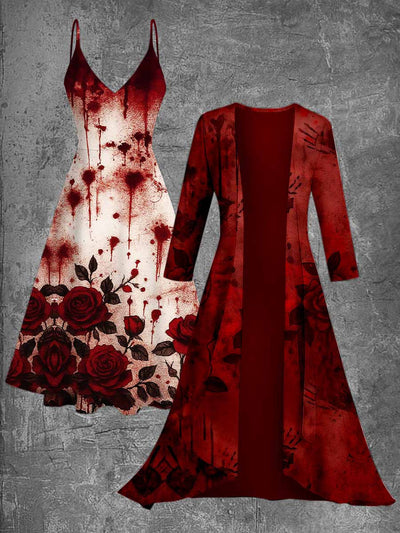 Gothic Floral Art Printed Vintage Camisole Dress Long Sleeve Two-Piece Midi Dress