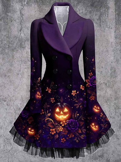 Gothic Pumpkin Art Print Vintage Elegant Lapel V-Neck Button Up Long Sleeve Coat Dress