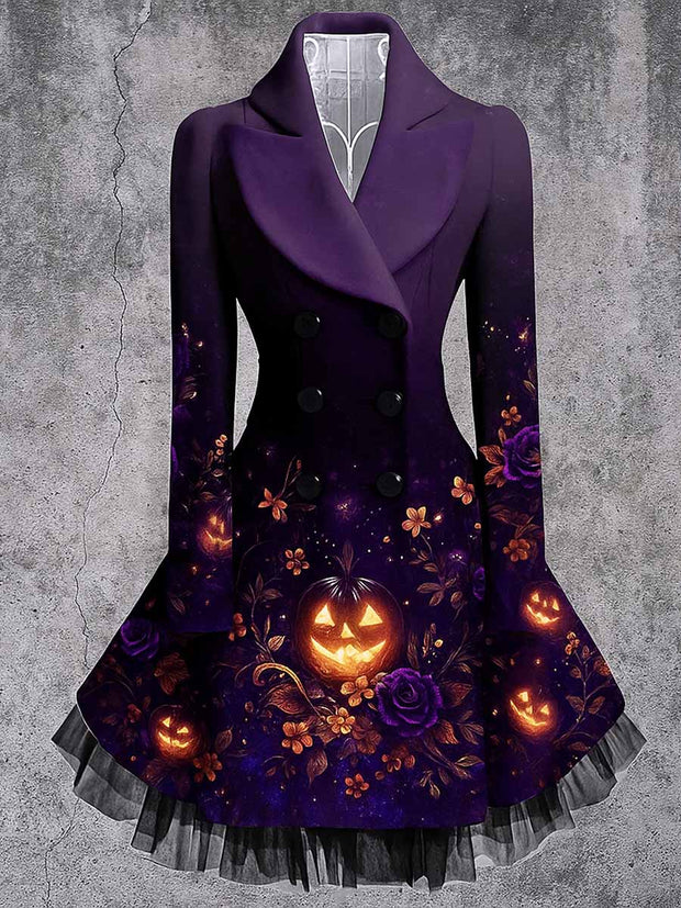 Gothic Pumpkin Art Print Vintage Elegant Lapel V-Neck Button Up Long Sleeve Coat Dress