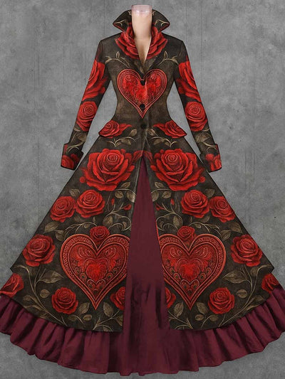 Retro Gothic Floral Art Printed Vintage Lapel V-Neck Button Up Double Hem Long-Sleeved Midi Dress