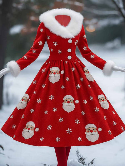 Cute Santa Art Printed Vintage Elegant Furry Fur Collar Long Sleeve Midi Dress