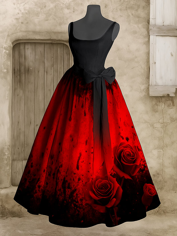 Retro Gothic Floral Art Print V-Neck Sleeveless Cotton Maxi Dress