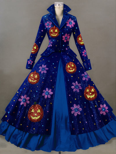 Halloween Pumpkin Art Print Lapel Button Up Double Layer Long Sleeve Vintage Maxi Dress