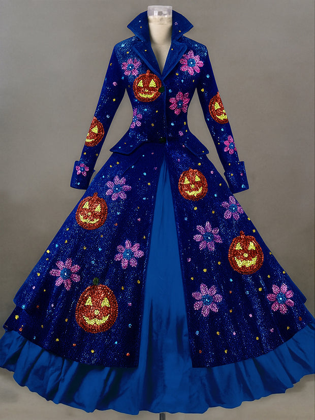 Halloween Pumpkin Art Print Lapel Button Up Double Layer Long Sleeve Vintage Maxi Dress