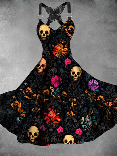 Retro Halloween Gothic Floral Art Printed Vintage V-Neck Pleated Butterfly Cross-Wrap Midi Dress