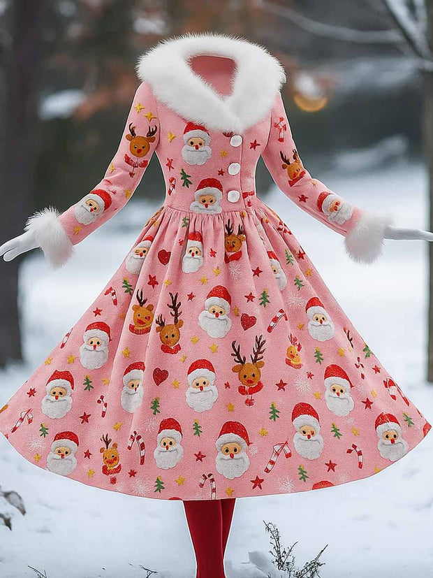 Cute Santa Art Printed Vintage Elegant Furry Fur Collar Long Sleeve Midi Dress