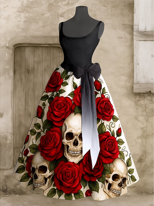 Retro Gothic Floral Art Print V-Neck Sleeveless Cotton Maxi Dress