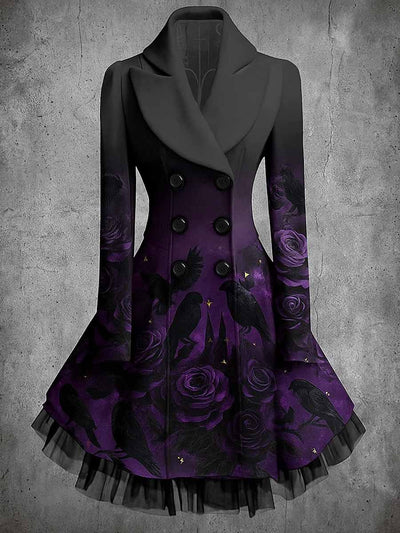 Gothic Floral Print Vintage Elegant Lapel V-Neck Button Up Long Sleeve Coat Dress