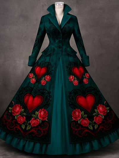 Retro Gothic Floral Art Printed Vintage Lapel V-Neck Button Up Double Hem Long-Sleeved Midi Dress