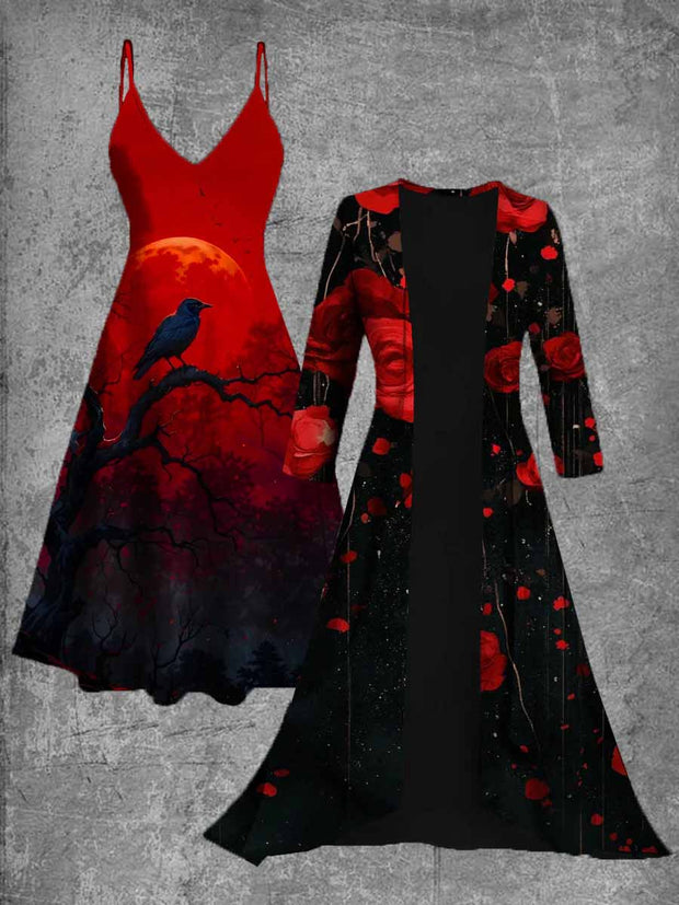 Retro Gothic Art Printed Vintage Camisole Dress Long Sleeve Two-Piece Midi Dress