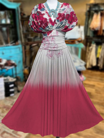 Retro Floral Art Printed Elegant V-Neck Vintage Batwing Short Sleeve Maxi Dress