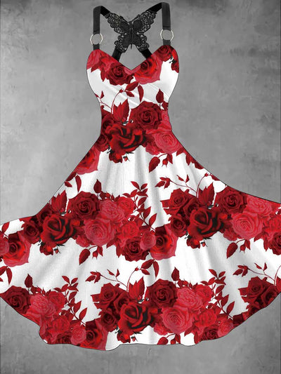 Retro Floral Art Printed Vintage V-Neck Pleated Butterfly Cross-Wrap Midi Dress