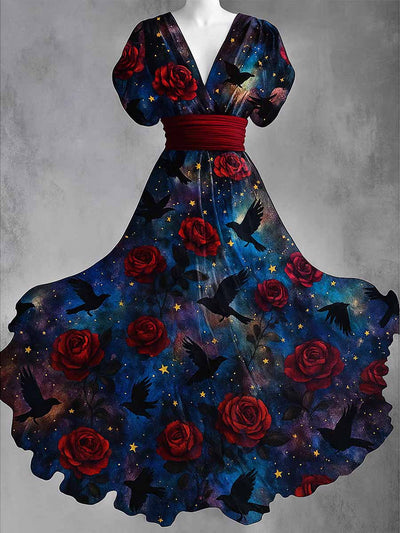 Gothic Crow Art Print V-Neck Vintage Elegant Short Sleeve Maxi Dress