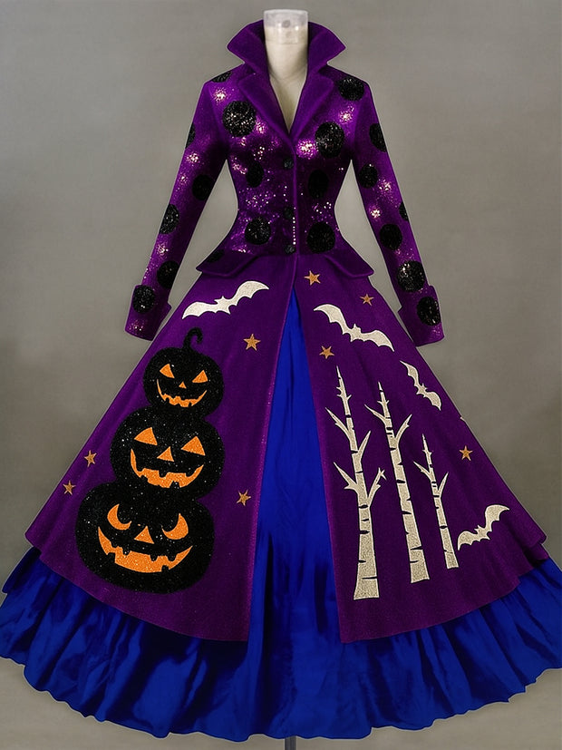 Halloween Pumpkin Art Print Lapel Button Up Double Layer Long Sleeve Vintage Maxi Dress