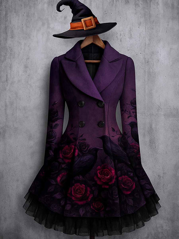 Gothic Crow Floral Print Vintage Elegant Lapel V-Neck Button Up Long Sleeve Coat Dress