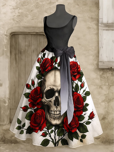 Retro Gothic Floral Art Print V-Neck Sleeveless Cotton Maxi Dress
