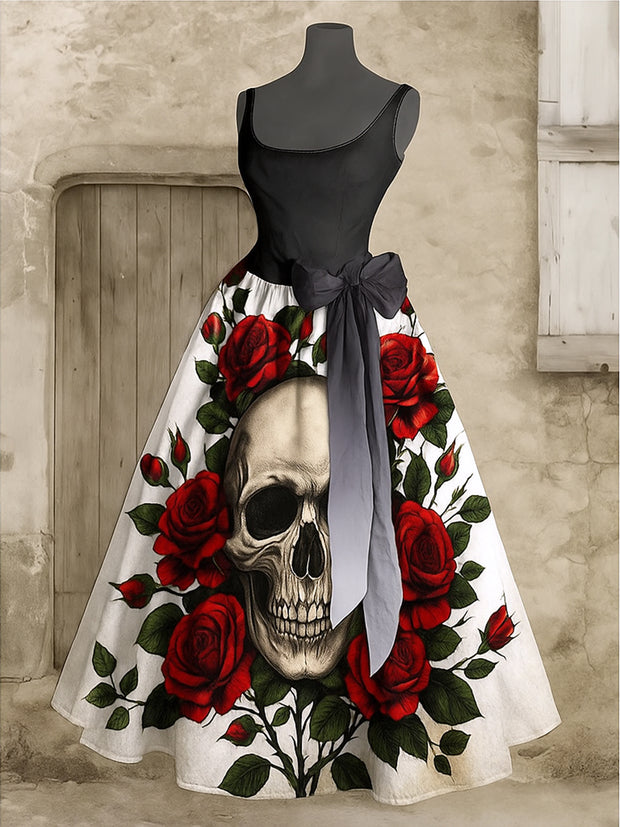 Retro Gothic Floral Art Print V-Neck Sleeveless Cotton Maxi Dress
