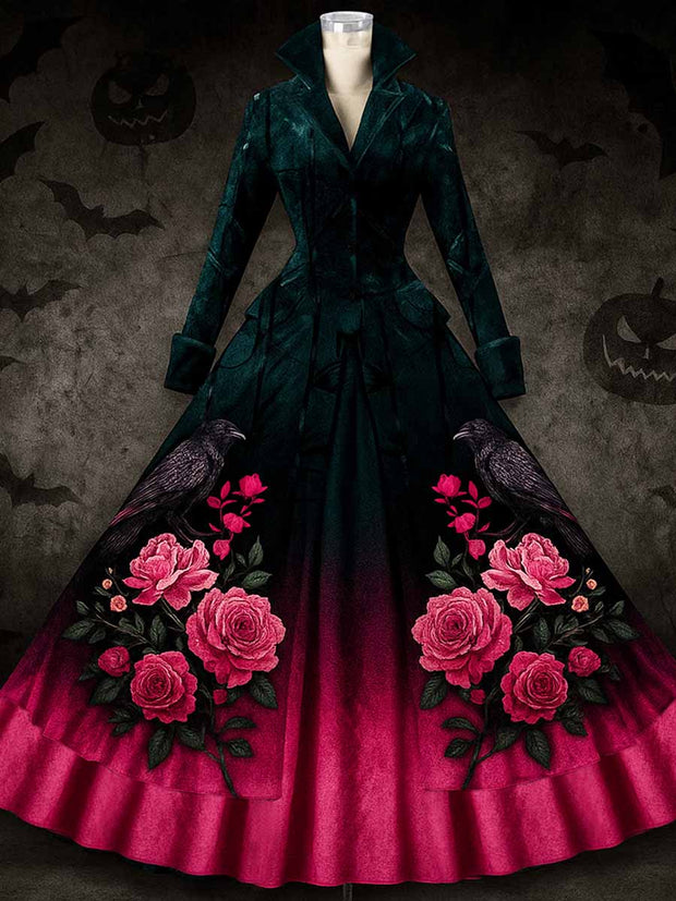 Retro Halloween Floral Art Printed Vintage Lapel V-Neck Button Up Double Hem Long-Sleeved Midi Dress
