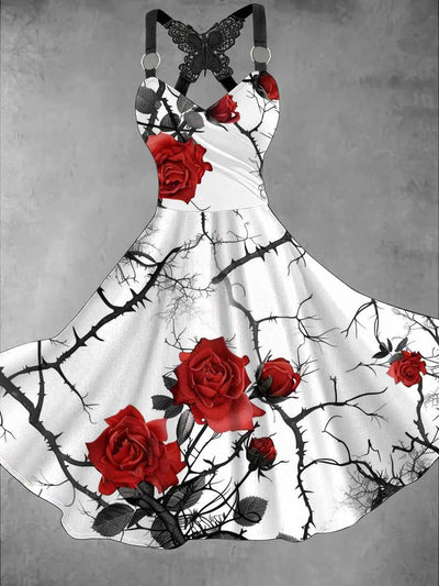 Retro Floral Art Printed Vintage V-Neck Pleated Butterfly Cross-Wrap Midi Dress