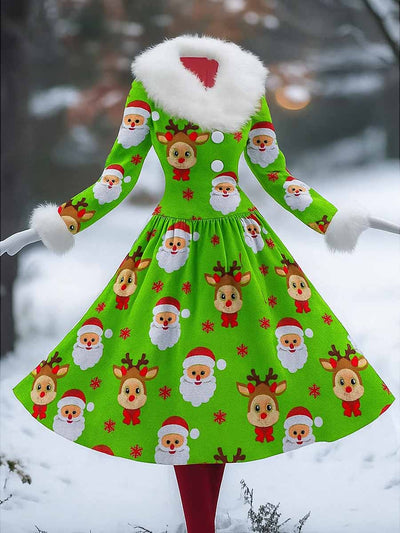 Cute Santa Art Printed Vintage Elegant Furry Fur Collar Long Sleeve Midi Dress