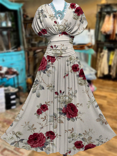 Retro Floral Art Printed Elegant V-Neck Vintage Batwing Short Sleeve Maxi Dress