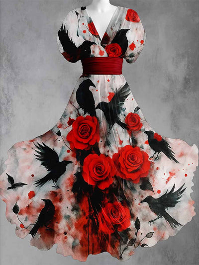 Gothic Crow Art Print V-Neck Vintage Elegant Short Sleeve Maxi Dress