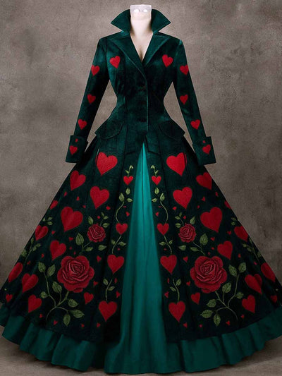 Retro Gothic Floral Art Printed Vintage Lapel V-Neck Button Up Double Hem Long-Sleeved Midi Dress