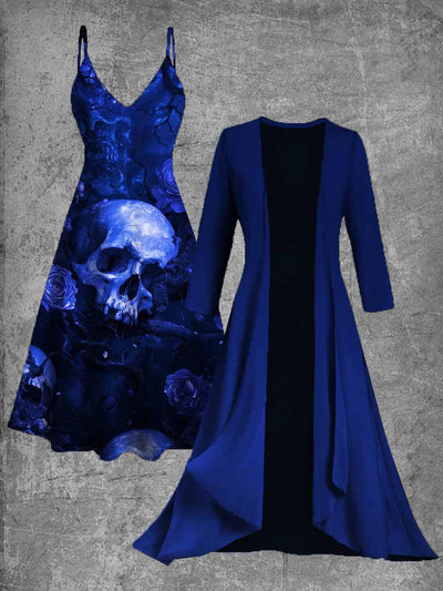Retro Gothic Art Printed Vintage Camisole Dress Long Sleeve Two-Piece Midi Dress