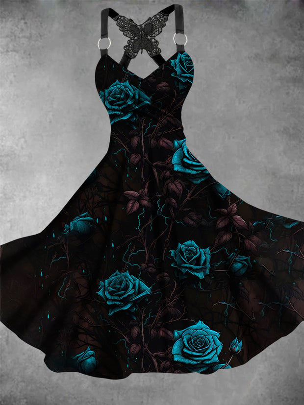 Retro Halloween Gothic Floral Art Printed Vintage V-Neck Pleated Butterfly Cross-Wrap Midi Dress
