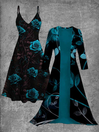 Retro Gothic Art Printed Vintage Camisole Dress Long Sleeve Two-Piece Midi Dress