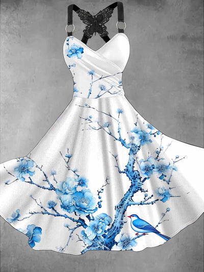 Retro Floral Art Printed Vintage V-Neck Pleated Butterfly Cross-Wrap Midi Dress