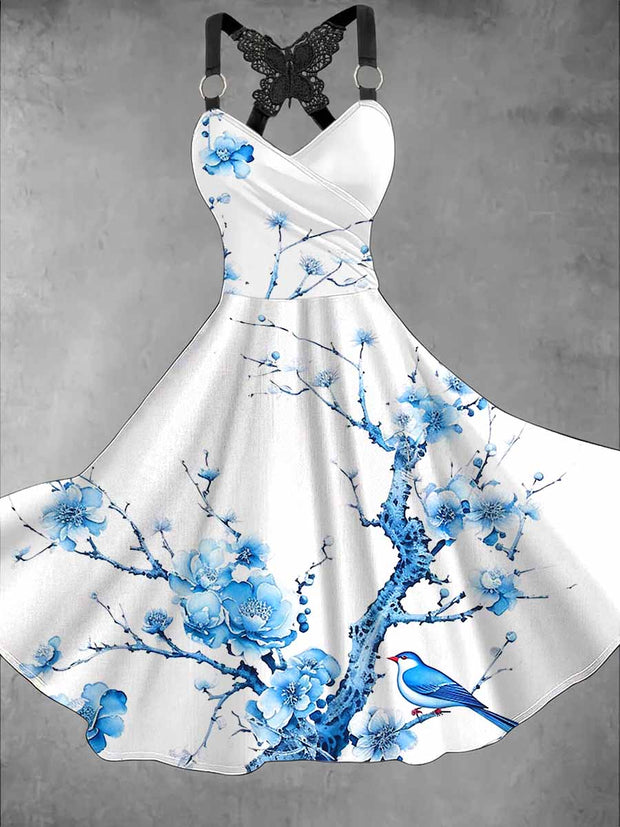 Retro Floral Art Printed Vintage V-Neck Pleated Butterfly Cross-Wrap Midi Dress