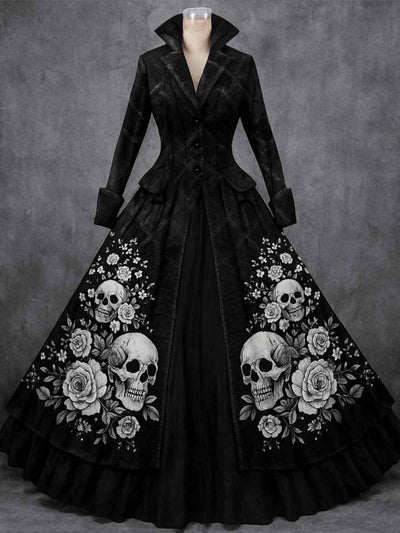 Retro Gothic Floral Art Printed Vintage Lapel V-Neck Button Up Double Hem Long-Sleeved Midi Dress