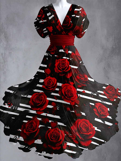 Gothic Crow Art Print V-Neck Vintage Elegant Short Sleeve Maxi Dress