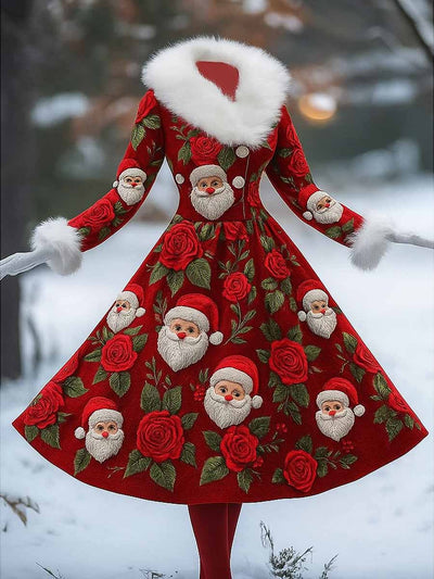 Cute Santa Floral Art Printed Vintage Elegant Furry Fur Collar Long Sleeve Midi Dress