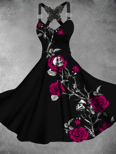 Retro Halloween Gothic Floral Art Printed Vintage V-Neck Pleated Butterfly Cross-Wrap Midi Dress