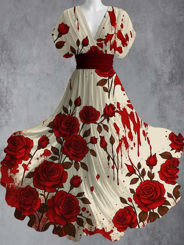 Retro Skull Gothic Floral Art Printed Elegant V-Neck Vintage Short Sleeve Maxi Dress