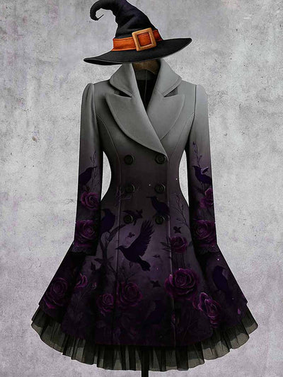 Gothic Crow Art Print Vintage Elegant Lapel V-Neck Button Up Long Sleeve Coat Dress