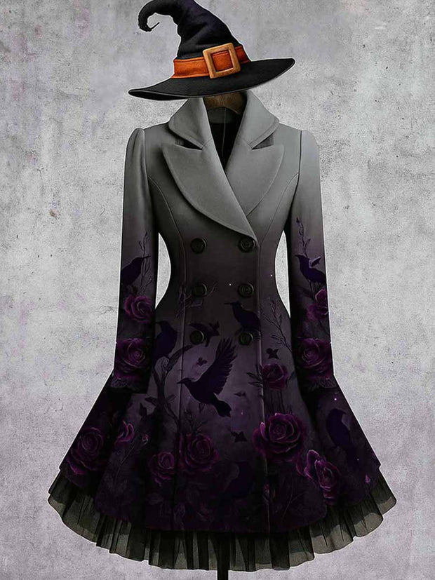 Gothic Crow Art Print Vintage Elegant Lapel V-Neck Button Up Long Sleeve Coat Dress