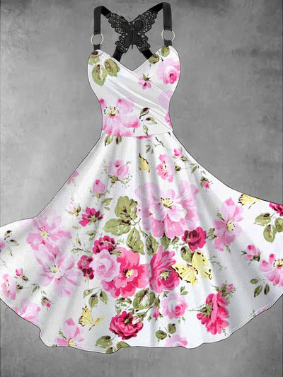 Retro Floral Art Printed Vintage V-Neck Pleated Butterfly Cross-Wrap Midi Dress
