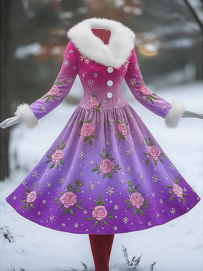 Pink Floral Art Printed Vintage Elegant Furry Fur Collar Long Sleeve Midi Dress