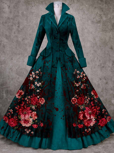 Retro Gothic Floral Art Printed Vintage Lapel V-Neck Button Up Double Hem Long-Sleeved Midi Dress